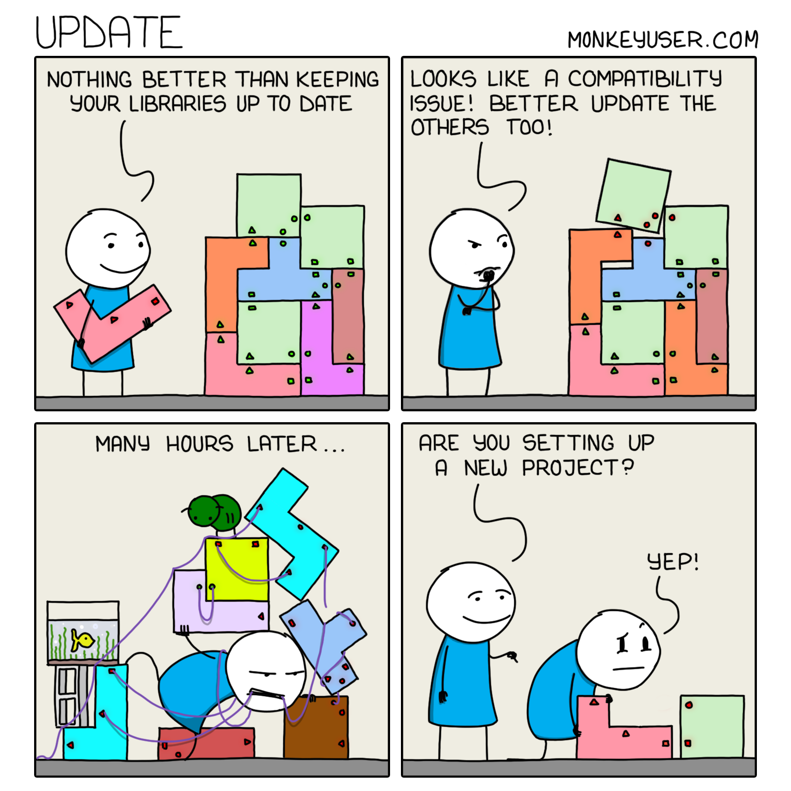 Dependency hell is a colloquial term for the frustration of some software users who have installed software packages which have dependencies on specific versions of other software packages. --Wikipedia bg 77% left:70%